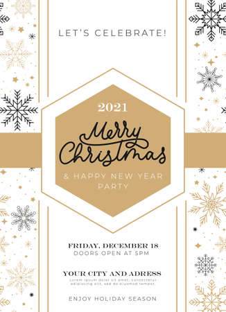 Merry Christmas celebration invitation with flying snowflakes and lettering. Winter holiday design with linear snowflakes in flat style. Vector illustrationのイラスト素材