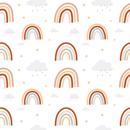 Colorful rainbow seamless pattern in bohemian style with rainbows isolated white background. Brown, red, beige and neutral colored rainbows with stars and clouds, Vector illustrationのイラスト素材
