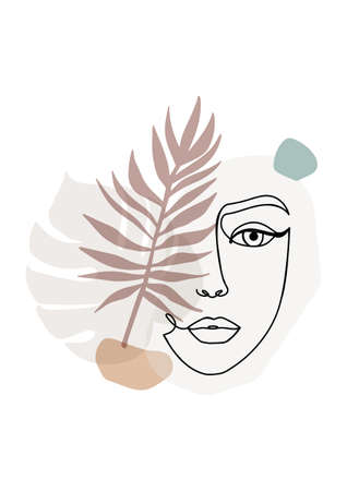 Trendy one line art illustration with woman's face, abstract shapes and tropical leaves.Continuous line art in elegant modern style for prints, posters, textile, cards etc. Vector illustrationのイラスト素材