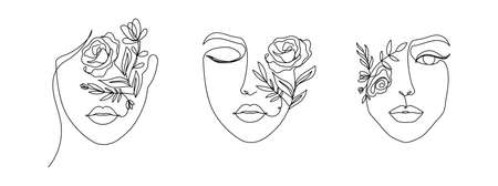 Women's faces in one line art style with flowers and leaves.Continuous line art in elegant style for prints, tattoos, posters, textile, cards etc. Beautiful women face Vector illustrationのイラスト素材
