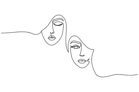 Modern continuous art with women's faces for poster, card, leaflet, print etc. Fashion women one line vector illustration. Friendship, sisterhood or feminism concept where women support women.のイラスト素材