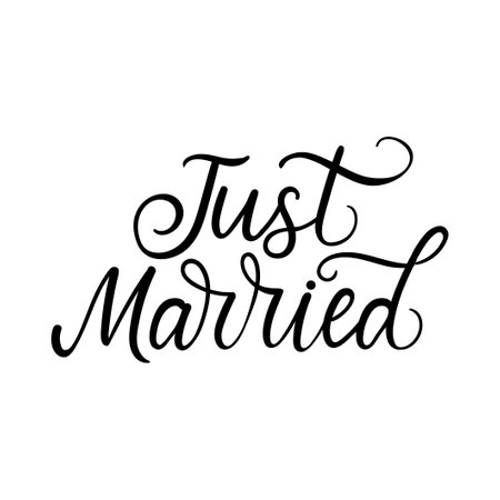 Just married elegant lettering inscription with decorative elements. Black ink wedding quote design for wedding party, bridal shower, engagement, wedding photo albums, textile, greeting card or invitation. Vector illustration.のイラスト素材