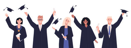 Group of graduates throwing academic caps and holding diplomas flat vector illustration. Happy...
