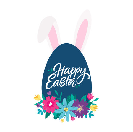 Happy Easter vector illustration with bunny ears, egg and flowers. Holiday concept with decorative elements in cartoon style. Easter greeting card with lettering decorated with flowers in flat style.のイラスト素材
