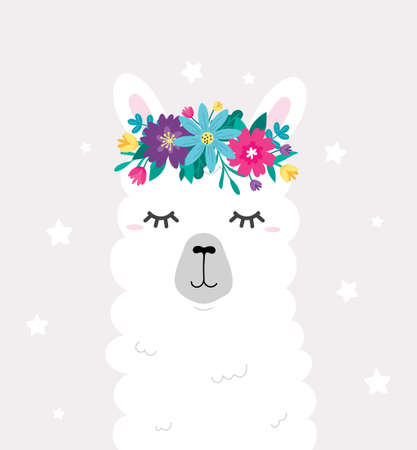 Cute llama head with floral wreath in cartoon style. Lovely alpaca with crown made of flowers vector illustration. Flat character for nursery, wallpaper, poster, print, baby shower or Birthday card.のイラスト素材