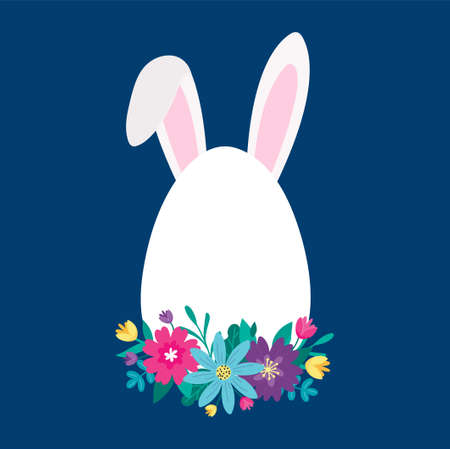 Easter vector background with bunny ears, egg and flowers. Holiday concept with floral elements in cartoon style. Easter greeting card with lettering decorated with flowers. Flat style illustrationのイラスト素材