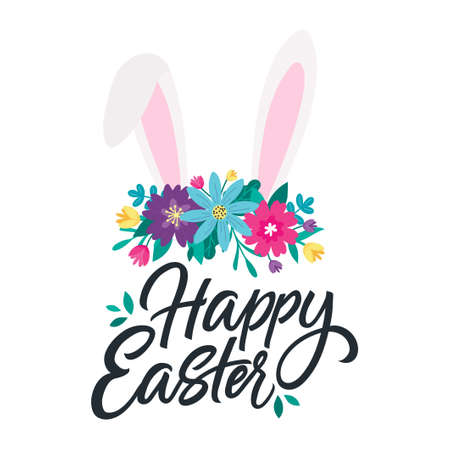 Happy Easter colorful design template with hand drawn bunny ears, flowers and lettering. Cartoon style spring holiday vector illustration. Easter day poster or banner with flowers.のイラスト素材