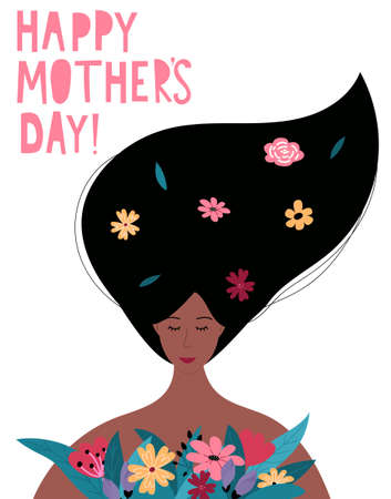 Happy Mothers day banner or greeting card template with beautiful woman holding flowers in cartoon style. Mother's Day typography design in flat style, Vector illustration.のイラスト素材