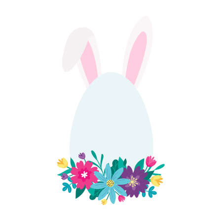 Happy Easter colorful design template with hand drawn bunny ears, flowers and lettering. Cartoon style spring holiday vector illustration. Easter day banner template with flowers, eggs and rabbit earsのイラスト素材