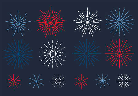 Red, white and blue fireworks icon collection. Set of linear firework designs for party, holiday, national holiday celebration. Flat style vector illustration. Line firework collectionのイラスト素材
