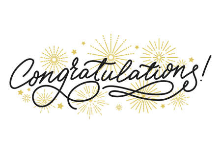 Congrats lettering inscription with golden fireworks. Congratulations elegant and festive design for wedding, graduation, anniversary, celebration. Flat style Vector illustrationのイラスト素材