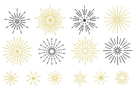 Line art fireworks vector illustration. Flat style gold and black firework icon set isolated on white. Elegant linear design elements for celebration, holiday, New Year, anniversary, greeting card etcのイラスト素材