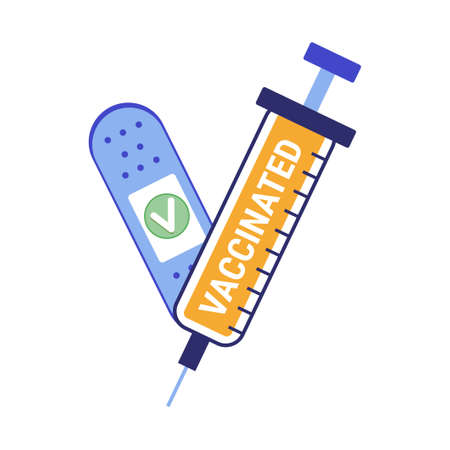Vaccinated sticker label card design template with syringe and medical patch.Vaccinated logo design in Flat style. Vector illustration for vaccination campaign.のイラスト素材