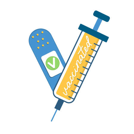 Vaccination concept with lettering. Hand drawn logo or badge design with medical patch and syringe vector illustration. Vaccination campaign design template. Vaccination concept.のイラスト素材