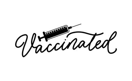 Vaccinated logo label card design template with syringe and lettering. Vaccination campaign design template for clinic, poster, banner, print, textile, badge. Vector illustrationのイラスト素材