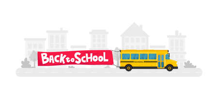 Back to school flat style concept with yellow school bus, red flag with lettering and gray city...