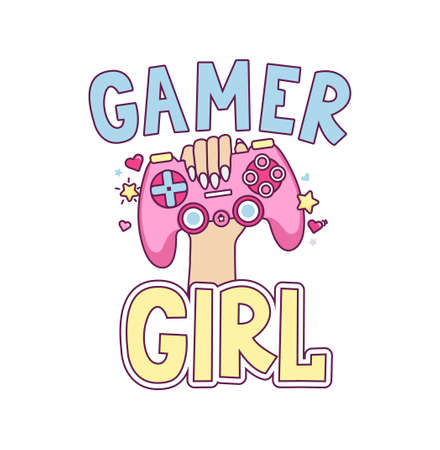 Gamer girl hand drawn vector illustration with hand holding a pink gaming controller and lettering. Cute kawaii 90s vintage design for sticker, logo, pin, print, card, birthday party. Flat styleのイラスト素材