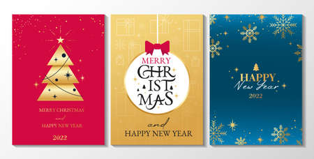Merry Christmas cards set with snowflakes and New Year tree. Modern Christmas templates for banner, invitation, background. Vector illustration with linear geometric objects. Trendy holiday backgroundの写真素材