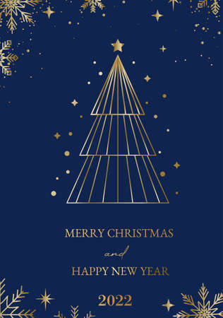 Merry Christmas and Happy New Year greeting card. Xmas background for social media, banner, invitation with golden linear snowflakes and Christmas tree. Trendy Xmas template vector illustration.のイラスト素材