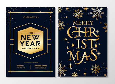 Modern New year party invitation design template. Geometric christmas design with gold typography lettering. New year greeting card. Vector illustrationのイラスト素材