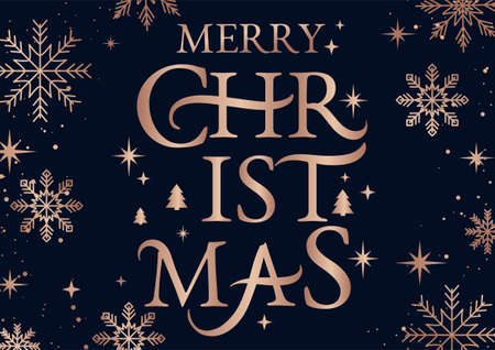 Trendy Merry Christmas greeting card with rose gold snowflakes and navy background. Modern New Year typography design for invitation, banner, flyer etc. Vector illustration. Christmas backgroundのイラスト素材