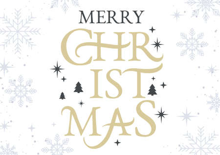 Merry Christmas greeting card with linear snowflakes, stars and decorative elements. Modern New Year typography design for invitation, banner, flyer etc. Vector illustration. Gold Christmas backgroundのイラスト素材