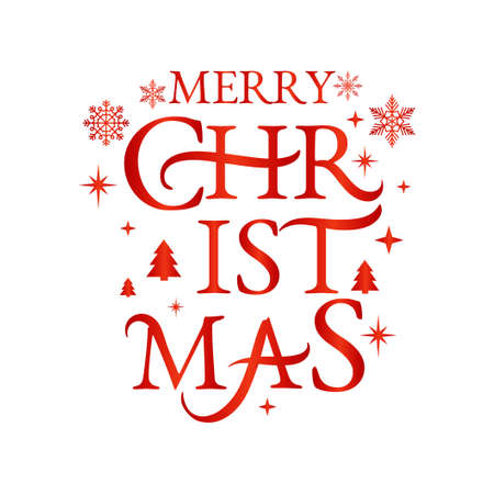 Merry Christmas greeting card with red snowflakes, stars and decorative elements. Modern New Year typography design for invitation, banner, flyer etc. Vector illustration. Christmas backgroundのイラスト素材