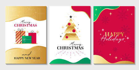 Modern Merry Christmas greeting card templates with linear and abstract shapes. New Year trendy design with classic green, red and gold colors. Flat style vector illustration. Merry Christmas bannersのイラスト素材
