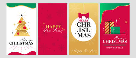Modern Christmas story template set. New Year backgrounds for social media with Xmas decorations, snowflakes, gifts, Christmas tree and abstract shapes. Trendy holiday design vector illustration.のイラスト素材