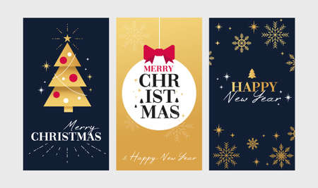 Modern Christmas story template set. New Year backgrounds for social media with Xmas decorations, snowflakes, gifts, Christmas tree and abstract shapes. Trendy holiday design vector illustration.のイラスト素材