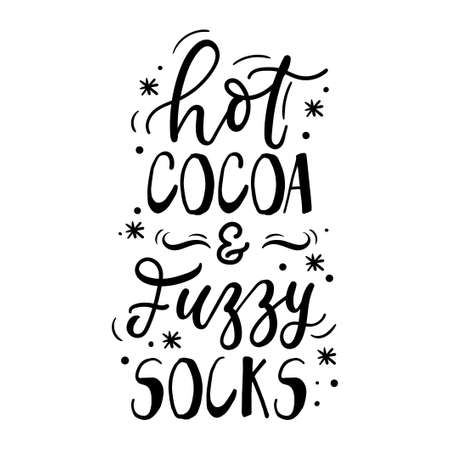 Cozy winter or autumn print card with lettering vector illustration. Template with handwritten calligraphic inscription hot cocoa and fuzzy socks. Isolated on white backgroundのイラスト素材