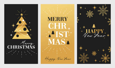 Modern Christmas story template set. Black and gold New Year backgrounds for social media with snowflakes, gifts, Christmas tree and abstract shapes. Trendy Xmas holiday design vector illustration.のイラスト素材