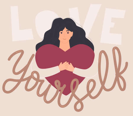 Love yourself concept with young woman holding a heart. Modern flat style self-love vector illustration with lettering. Mental health, body positive, self care, women's day card with cute girl.のイラスト素材