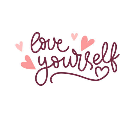 Love yourself lettering quote with pink hearts. Motivational self love and care modern calligraphy design. Vector illustration. Inspirational quote for Women's day, Healthcare, Body positive.のイラスト素材