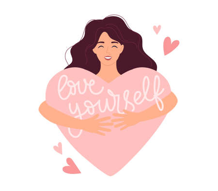 Love yourself concept with young woman holding a heart. Modern flat style self love vector illustration with lettering. Mental health, body positive, self care, women's day card with cute girl.のイラスト素材