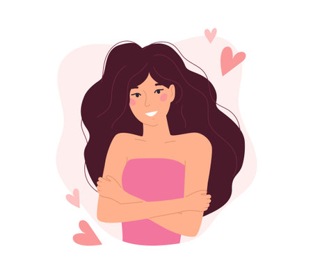 Love yourself concept with cute girl hugging herself. Flat style vector illustration. Trendy design for self love, mental health, self care, Women'day, body positive, healthcare concept.のイラスト素材