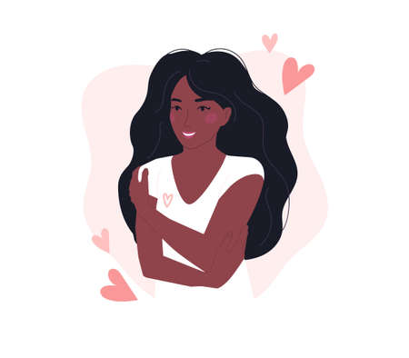 Love yourself concept with black girl hugging herself. Flat style vector illustration. Trendy design for self love, mental health, self care, Women'day, body positive, healthcare concept.のイラスト素材