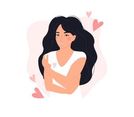 Love yourself concept with cute girl hugging herself. Flat style vector illustration. Trendy design for self love, mental health, self care, Women'day, body positive, healthcare concept.のイラスト素材