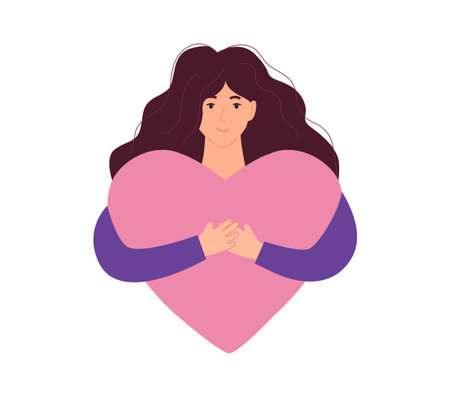 Cute woman hugging herself flat style vector illustration. Trendy design for self love, mental health, self care, Women'day, body positive, healthcare concept. Love yourself and your body designのイラスト素材