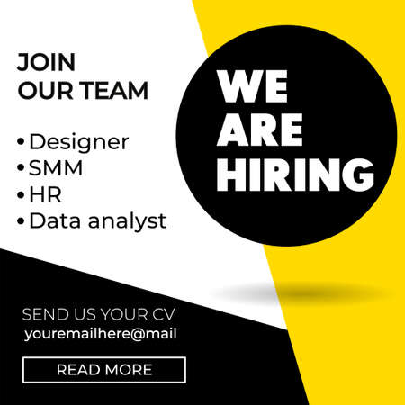 Hiring recruitment design poster. We are hiring design template with geometric shapes and trendy bold typography. Vector illustration. Open vacancy flat style conceptのイラスト素材