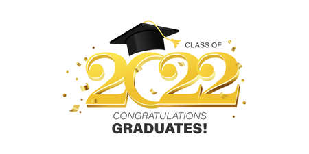 Congratulations graduates banner with cap and golden design elements. Class of 2022. Graduation black and gold logo. Grad concept for high school or college party, photo album etc.Vector illustration.のイラスト素材