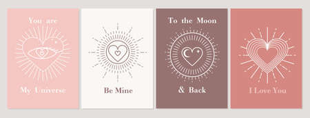 Happy Valentine's day minimalist card set in bohemian style. Linear flat style geometric vector illustration for logo, print, banner, invitation. Vintage elegant Valentine's day background with heartsのイラスト素材