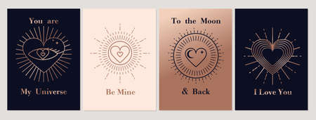 Happy Valentine's day minimalist card set in bohemian style. Linear flat style geometric vector illustration for logo, print, banner, invitation. Vintage elegant Valentine's day background with heartsのイラスト素材