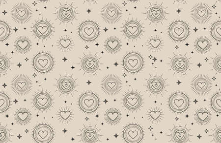 Valentine's day bohemian pattern with geometric hearts and stars. Minimalist background for Mother's day, Valentine's day, wedding, Birthday, wallpaper etc. flat style vector illustrationのイラスト素材