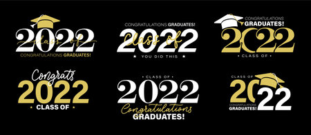 Class of 2022 vector badges set. Graduates concept. Black, gold and white graduation logo collection. Stock vector for shirts, prints, cards, invitations, seal or stamp.のイラスト素材