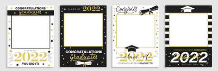 Class of 2022. Graduation party photo booth props set. Photo frame for grads with caps and scrolls. Congratulations graduates concept with lettering. vector illustration. Gold and black grad design.のイラスト素材