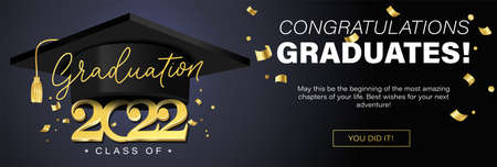 Congratulations graduates banner concept. Class of 2022. Graduation design template for websites, social media, blogs, greeting cards or party invitations.University or High school graduation congrats.のイラスト素材