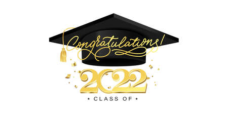 Congratulations graduates banner with cap and golden design elements. Class of 2022. Graduation black and gold logo. Grad concept for high school or college party, photo album etc.Vector illustration.のイラスト素材