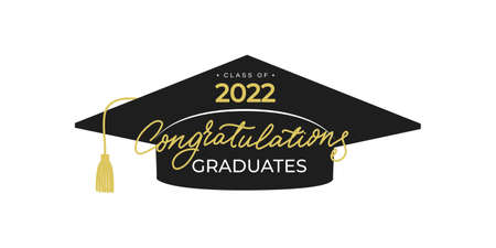 Congratulations graduates banner with cap and golden design elements. Class of 2022. Graduation black and gold logo. Grad concept for high school or college party, photo album etc.Vector illustration.のイラスト素材