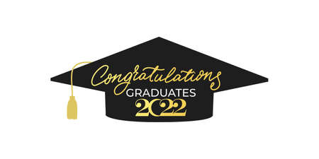 Congratulations graduates banner with cap and golden design elements. Class of 2022. Graduation black and gold logo. Grad concept for high school or college party, photo album etc.Vector illustration.のイラスト素材